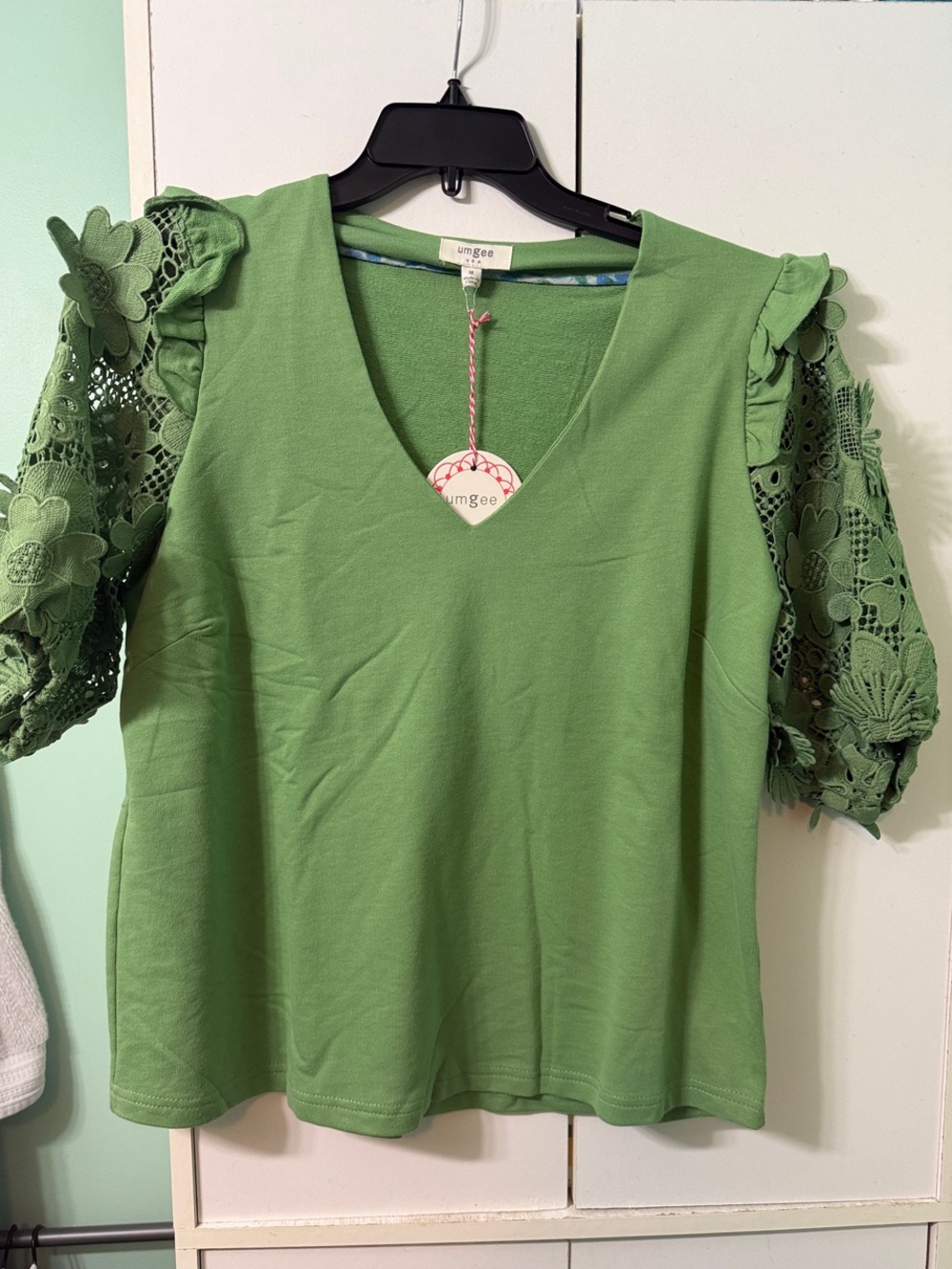 Umgee Green V-Neck Top with Floral Crochet Puff Sleeves